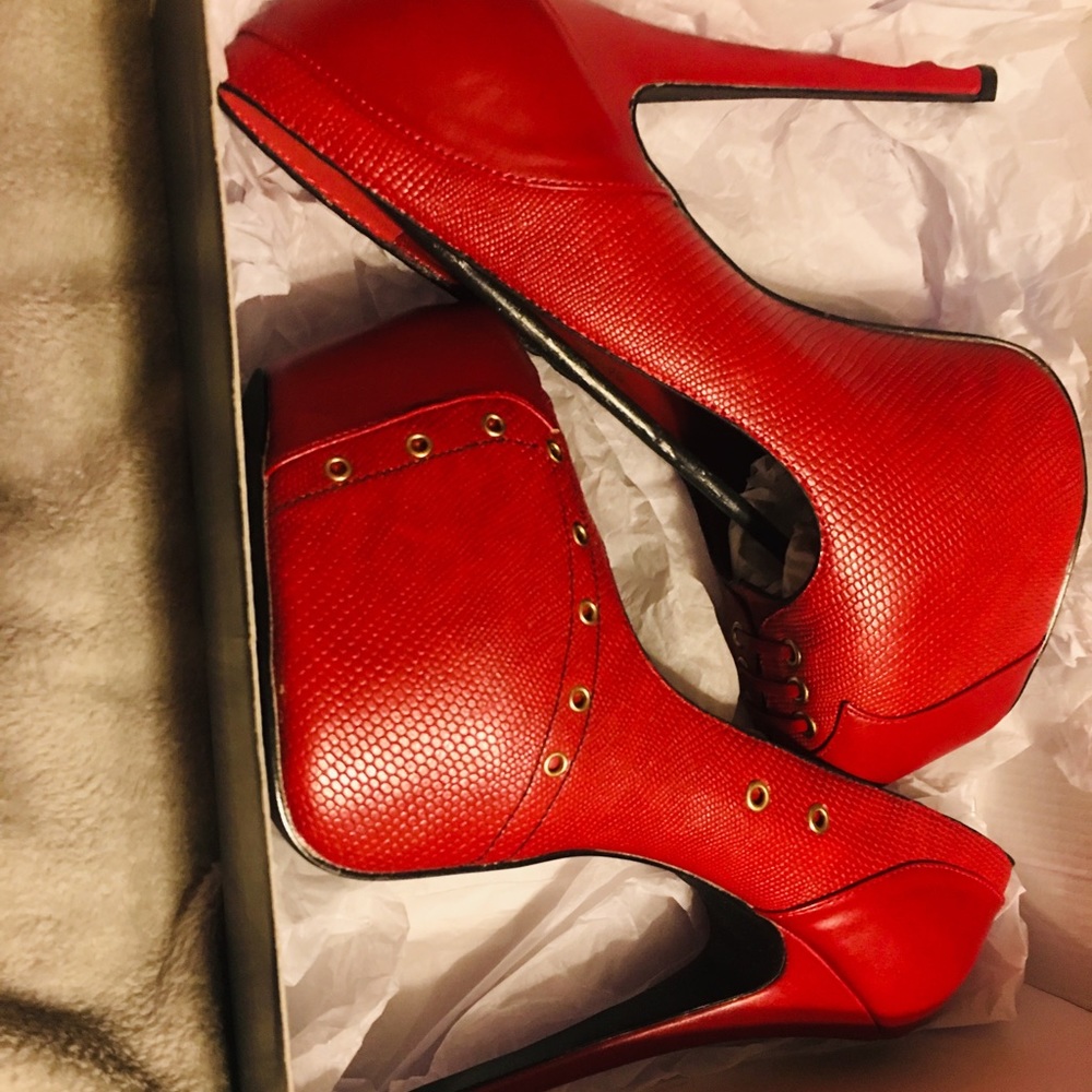 Red Snakeskin Stilettos with Gold Accents